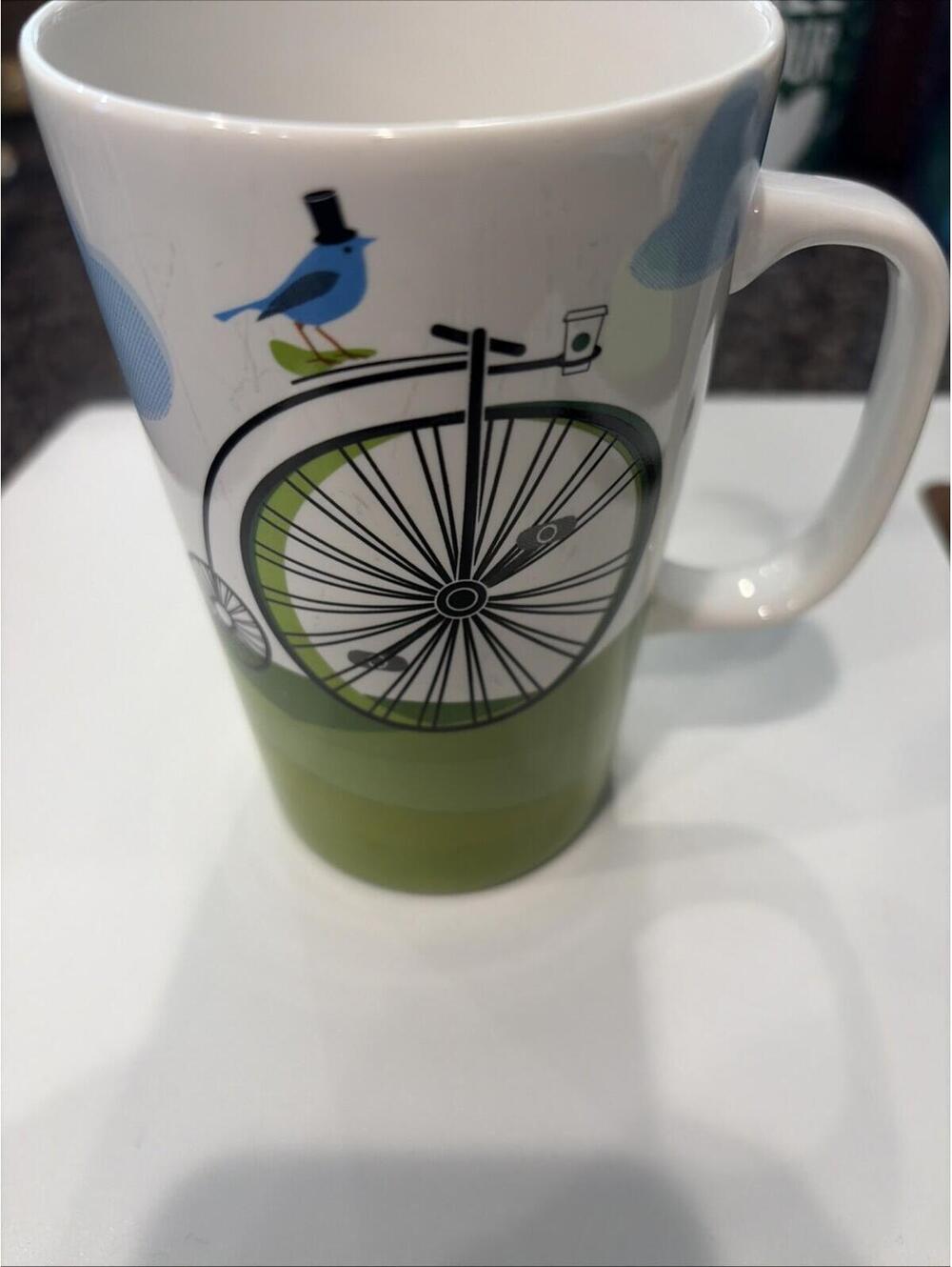 Starbucks 2014 Penny Farthing Bicycle Blue Bird Tall Coffee Mug Cup 16 oz